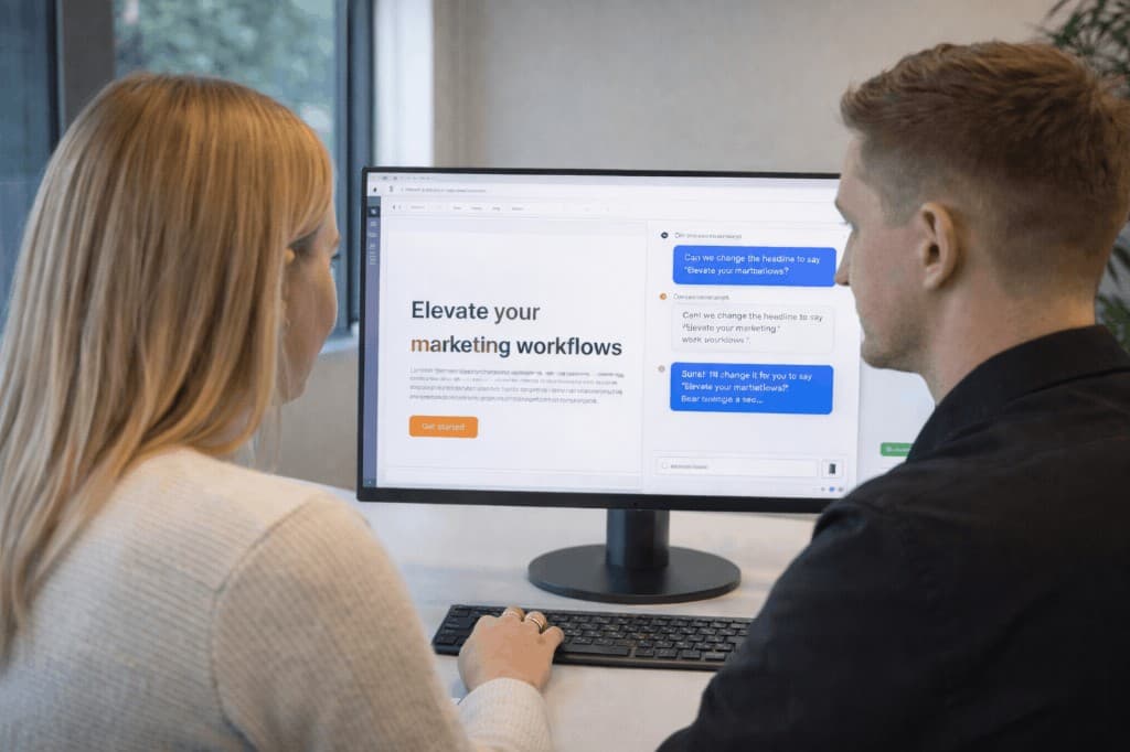 Marketing-ansvarlig og udvikler par-redigerer en side via chat på skærmen — naturligt lys og uformel stemning.