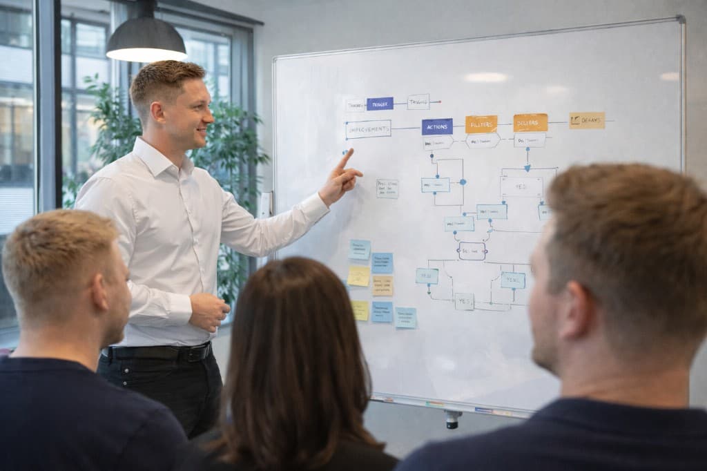 Scaile-konsulent gennemgår et flow på whiteboard sammen med kundens team i et naturligt arbejdsmiljø.